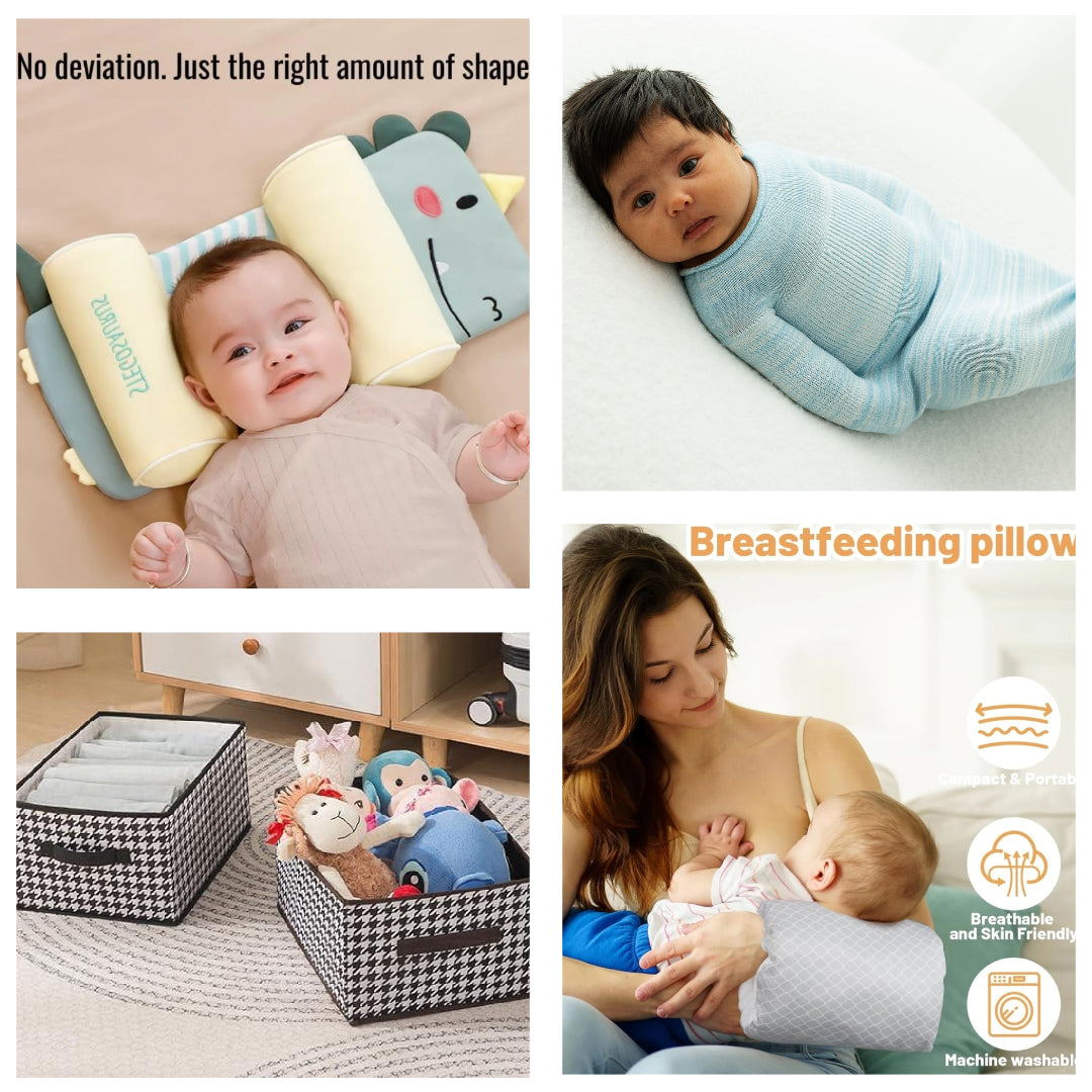4 in 1 Bundle Baby Head Shaping Pillow+Swaddlein Sleep Sack+Baby Essential Organiser+Baby Arm Feeding Pillow